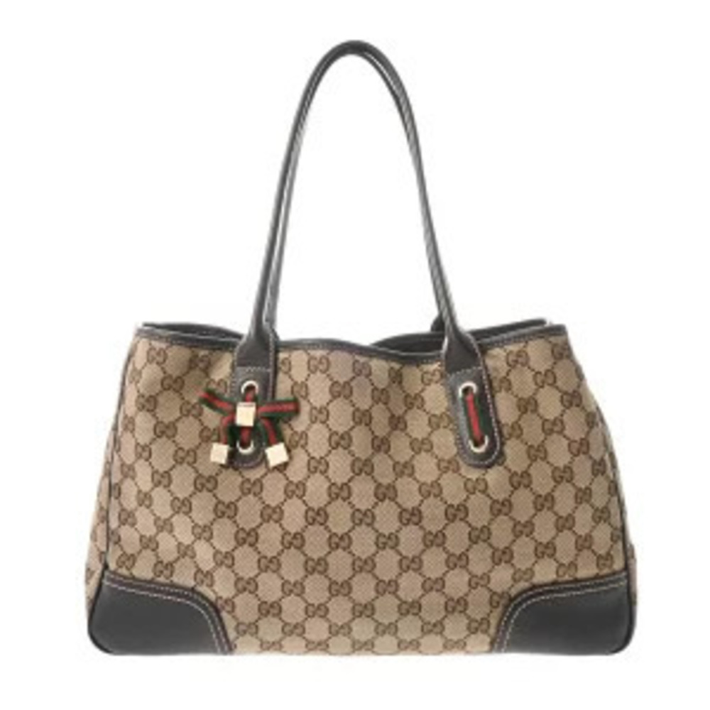 Gucci GG Canvas Leather Tote Bag Beige Ebony Brown